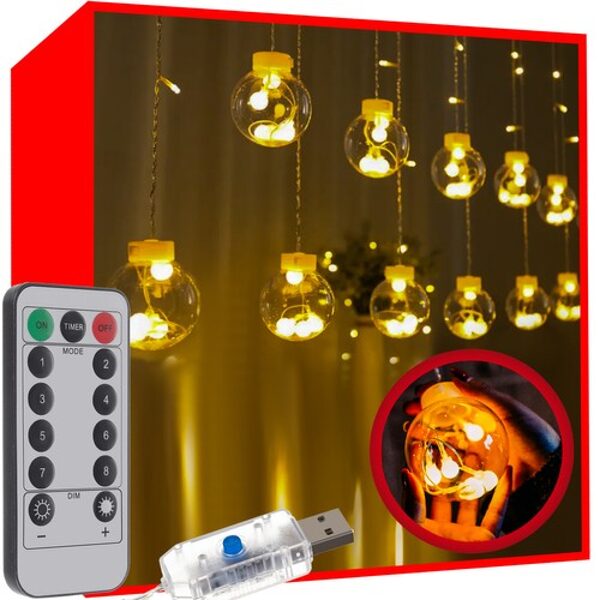 Light curtain 108LED USB with remote control - balls with warm white color