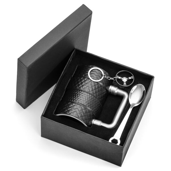 Gift set for men - tire mug, spanner spoon and wheel key ring