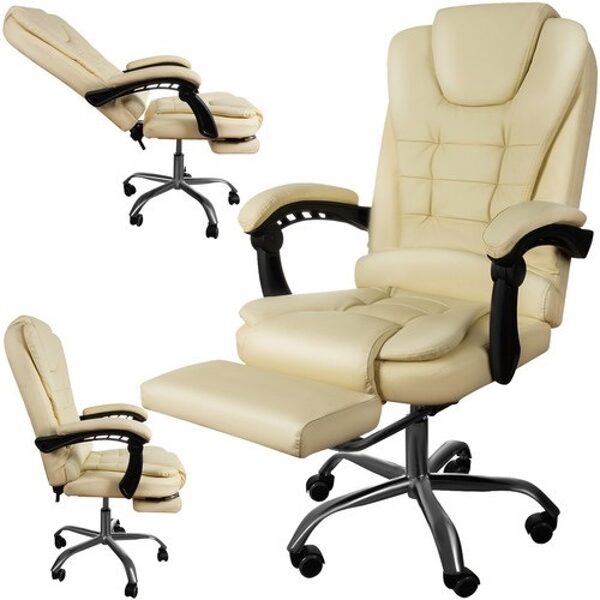 Cream-colored swivel office chair with footrest and rest function