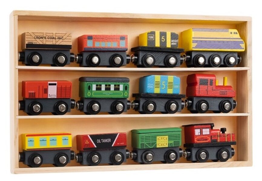 Wooden railway with trains, set - 12 pcs.